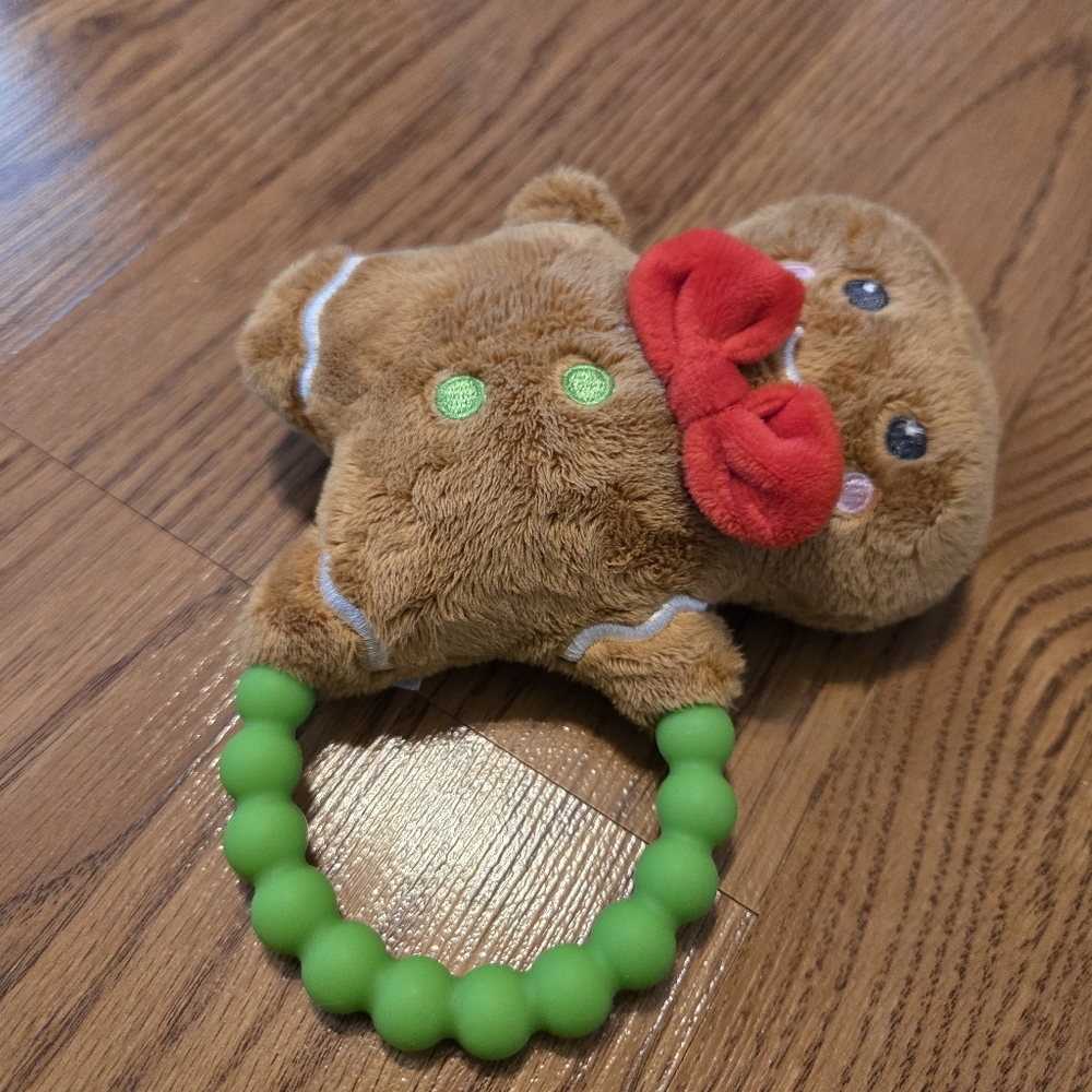 Spark Create Imagine Brown Gingerbread Plush Teether Rattle Red Bow Christmas - Picture 2 of 9